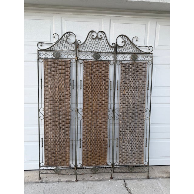 Vintage Wrought Iron & Woven Rattan Folding Room Divider Screen For Sale - Image 4 of 12
