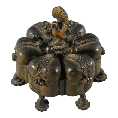 Late 19th-Century South Indian Bronze Kumkum Box With Peacock Finial