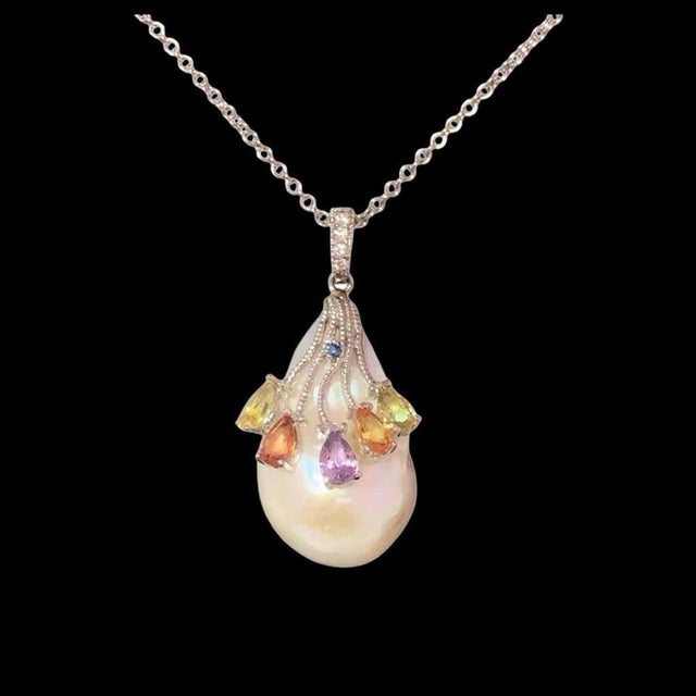 Diamond Sapphire FW Pearl Necklace 17.5 In Italy Certified $3,950 017807 This is a One of a Kind Unique Custom Made...