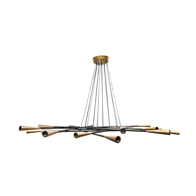 Shanghai Chandelier with 24 Arms in Black Painted Metal with Brass Cones from Stilnovo, 1950s, in Very Good conditions....