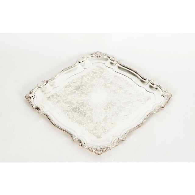 English silver plated Sheffield square shape barware / tableware serving tray with interior design details. The tray is in...