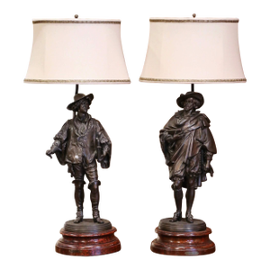 Pair of 19th Century French Renaissance Spelter Figural Table Lamps With Shades