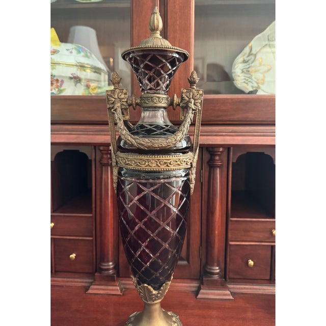 Tall Statement Antique Ruby Cut to Clear Crystal Lidded Urn With Second Empire Style Bronze Mounts For Sale - Image 9 of 18