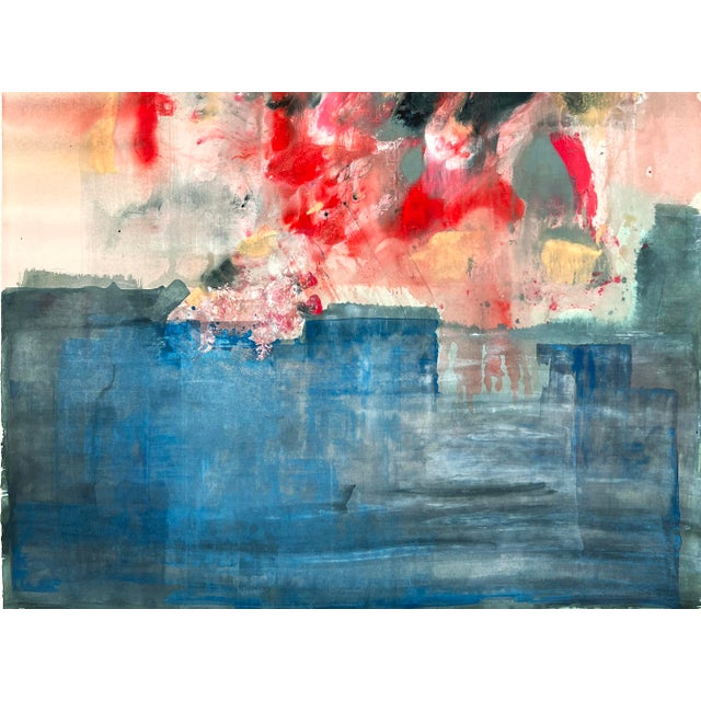 Abstract Expressionism Bold Abstract and Figurative Composition in Blue and Red Acrylic on Paper by Ricardo De Silva For Sale - Image 3 of 5