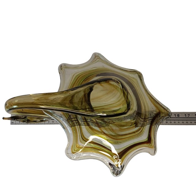 Large Art Glass Swan Vase Green Brown Swirl Handblown Mid-Century Modern Sooner Glass For Sale - Image 14 of 16