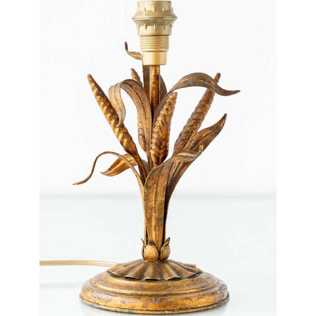 1970s Vintage French Gilt Wheat Sheaf Table Lamp with New Silk Lampshade, 1950s For Sale - Image 5 of 18