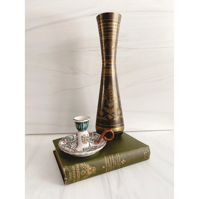 Vintage Etched Dark Brass and Light Brass Metal Vase For Sale In Chicago - Image 6 of 7