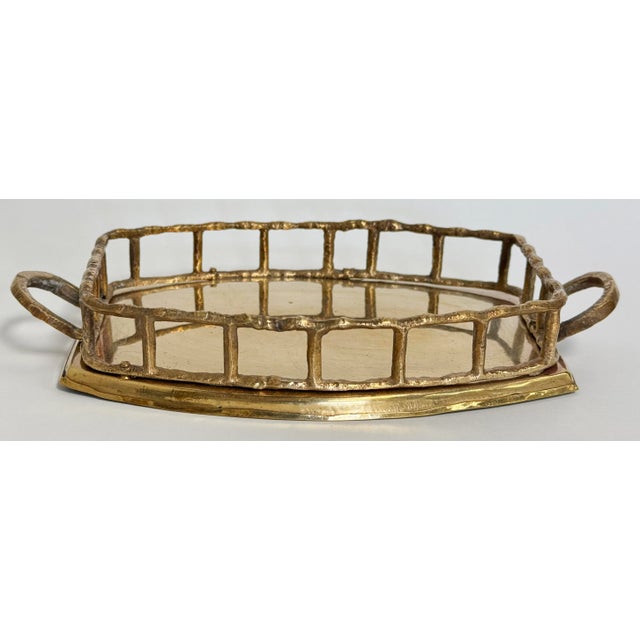 Vintage rectangular brass gallery tray with a faux bamboo rail and handles to each end. Perfect for keys, make-up, or any...