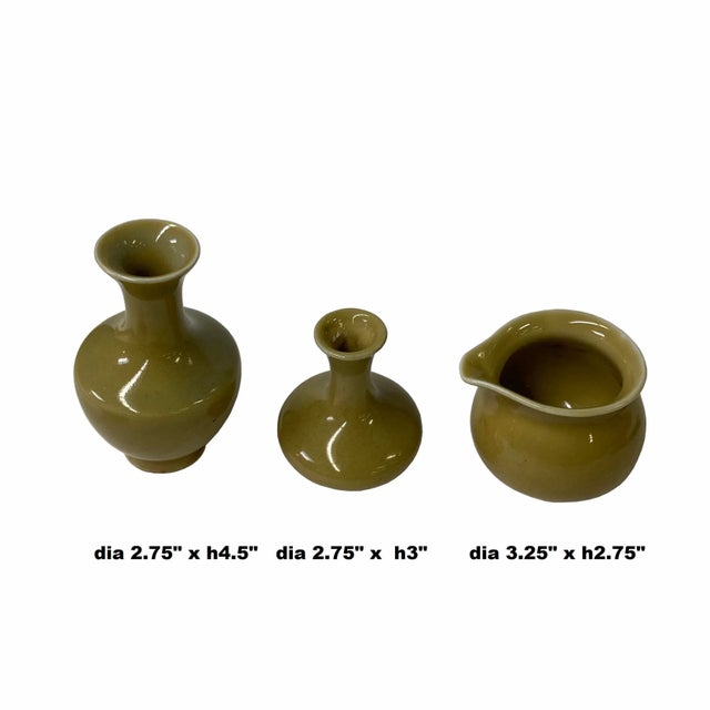 Chinoiserie 3 X Chinese Clay Ceramic Khaki Color Wu Ware Small Vase Set For Sale - Image 3 of 4