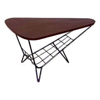 Danish Triangular Coffee Table with Magazine Rack Metal and Teak, 1960s For Sale