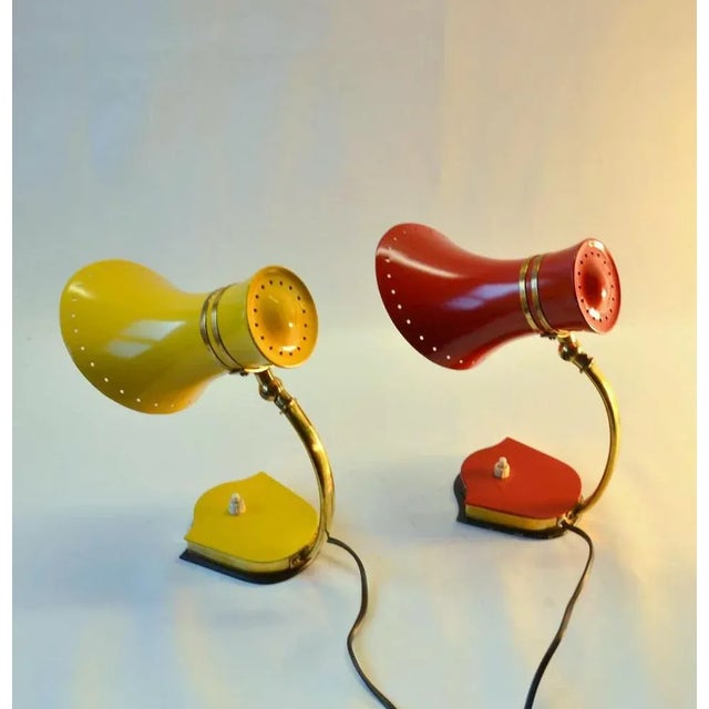Italian Red, Yellow & Brass Table Lamps from Stilnovo, 1960s, Set of 2 For Sale - Image 9 of 17