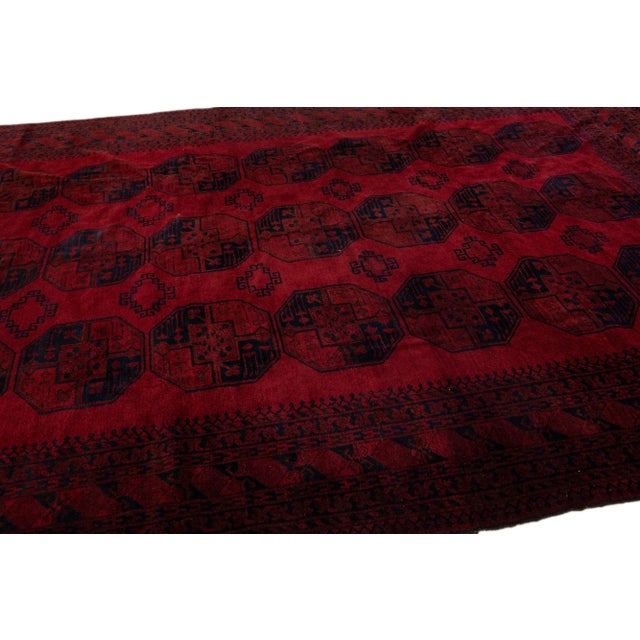 1920s Antique Turkmen Handmade Red & Blue Wool Rug With Gul Motif For Sale - Image 5 of 11