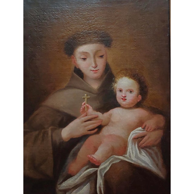 Italian 17th Century Italian Oil Painting Saint Francis d'Assisi With the Christ Child For Sale - Image 3 of 7