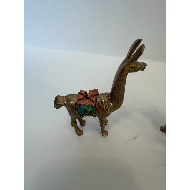 Vintage Brass Peruvian Llama Figurines With Turquoise Inlay - Pair For Sale - Image 6 of 8