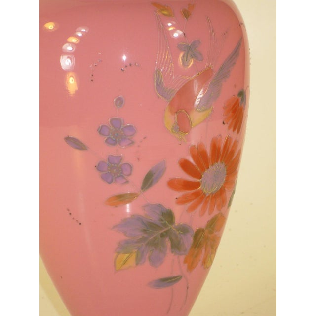 Late 19th Century Late 19th Century Vase Victorian Pink Cased Glass with Hand Painted Enamel Bird & Flowers For Sale - Image 5 of 12