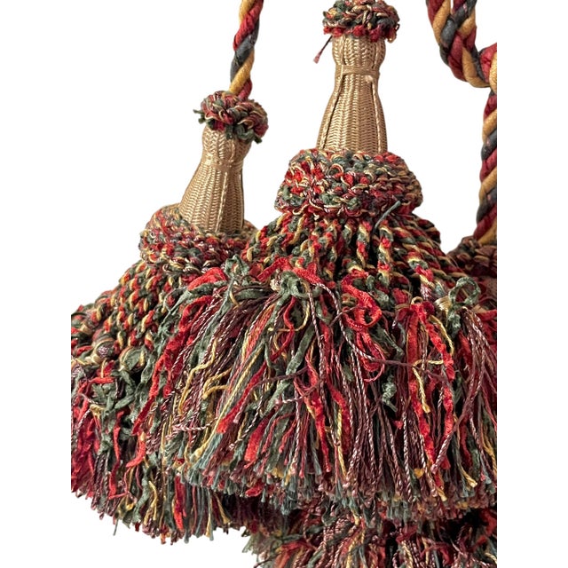 Late 20th Century Vintage French Passementerie Tassel Tieback Accent Gold Green Red For Sale - Image 5 of 8