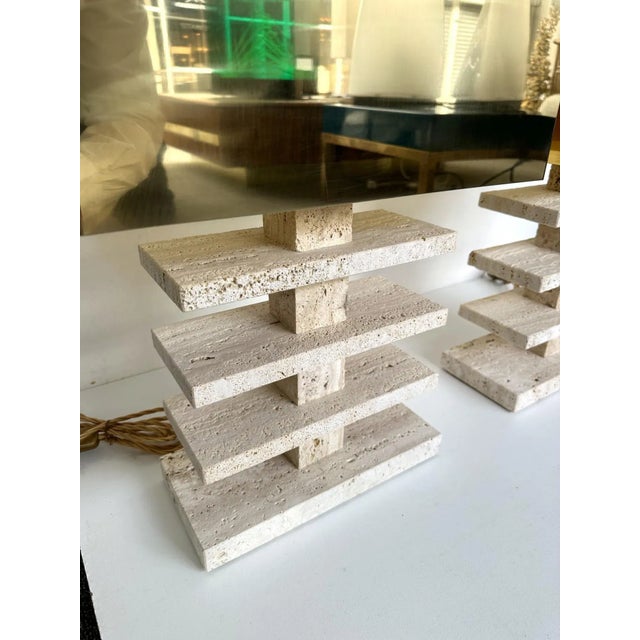 Contemporary Pair of Travertine Blade Lamps and Brass Shades. Italy For Sale - Image 10 of 11