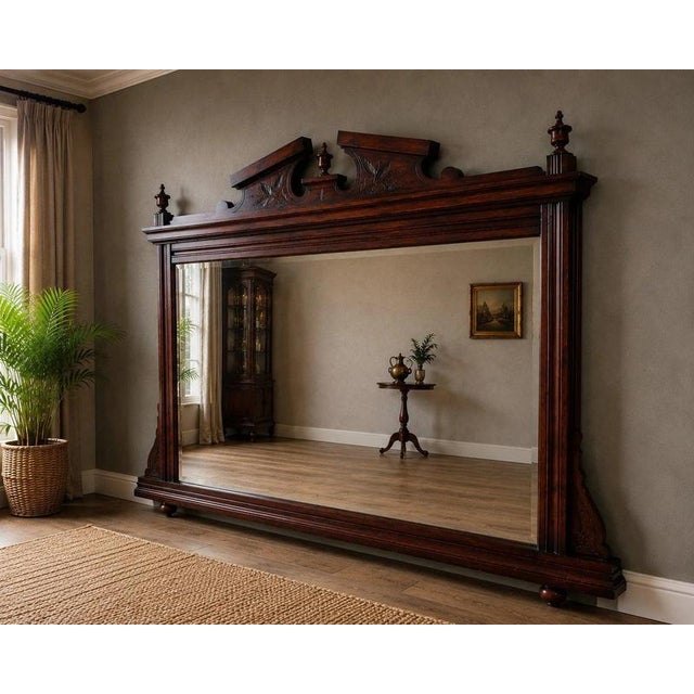 A magnificent antique Victorian overmantel mirror, dating to the late 19th century and featuring a beautifully carved...