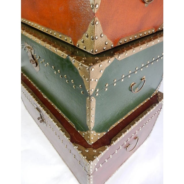 1980s Exotic Brass Nail Head & Enameled Wood Nesting Trunks or Chests For Sale - Image 10 of 12