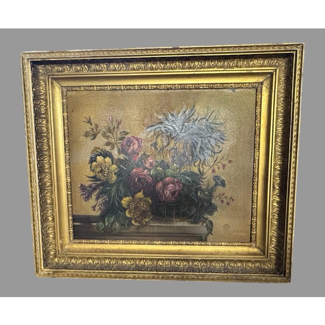 Antique Oil Painting Floral Still Life Roses Flowers Monogrammed Gilt Frame For Sale - Image 6 of 10