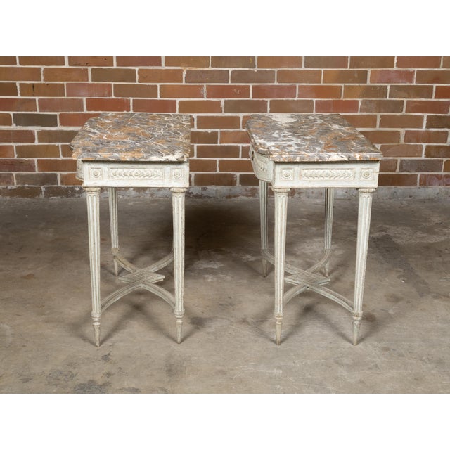 Pair of French Louis XVI 18th Century Painted Console Tables with Marble Tops For Sale In Atlanta - Image 6 of 12