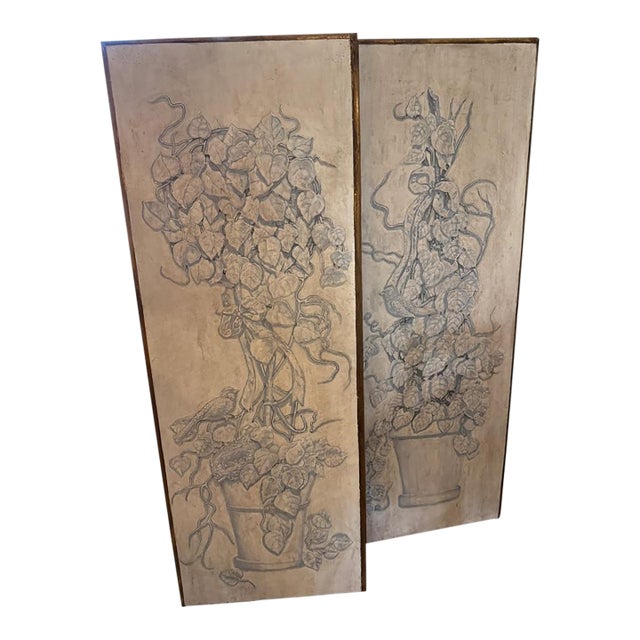 Vintage Italian Hand Paintings on Wood Panels With Pots Leaves and Birds - A Pair For Sale