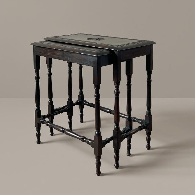 Victorian English Dyed and Carved Walnut Nesting Tables with Ivy Borders and Stag Emblem, 1890s, Set of 2 For Sale - Image 13 of 16