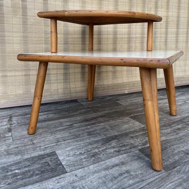 Tan Mid Century Modern Two Tiered Rattan Corner Table. C 1950s For Sale - Image 8 of 12