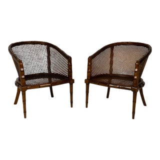 Pair Vintage Faux Bamboo Cane Barrel Chairs Hollywood Regency For Sale