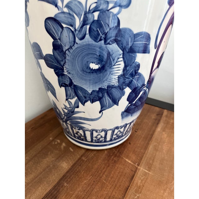 Vintage Hand-Painted Chinoiserie Floor Vase With Blue & White Floral and Avian Motif For Sale - Image 10 of 12