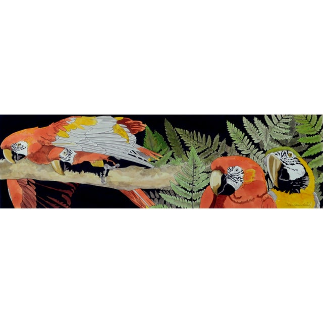 Scarlett Macaw Parrots and Ferns Watercolor, Large-Scale Horizontal Panorama A substantial horizontal watercolor of four...
