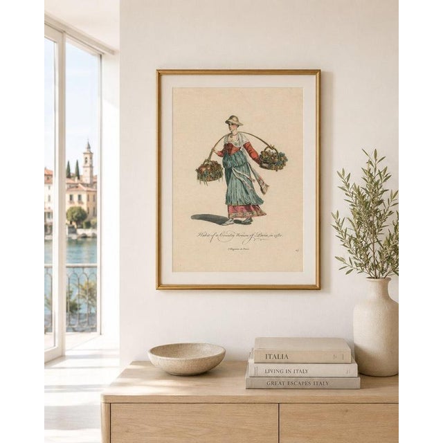 Italian Country Woman Costume Print, Pavia Peasant Dress, 1749 A charming and highly decorative antique costume engraving...