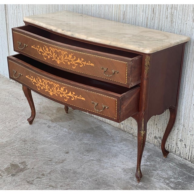 20th Century Marquetry Chest of Drawers With Bronze Details and Cream Marble Top For Sale - Image 4 of 10