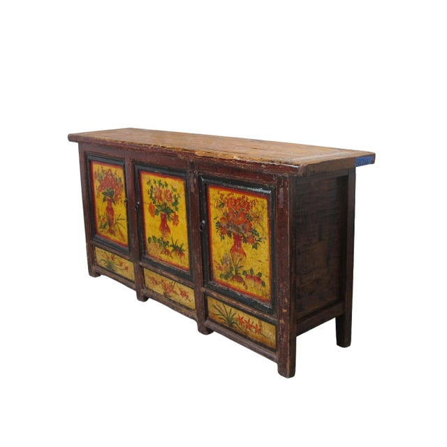 Chinese Hand-Painted Botanical Mural Buffet Sideboard For Sale - Image 3 of 14