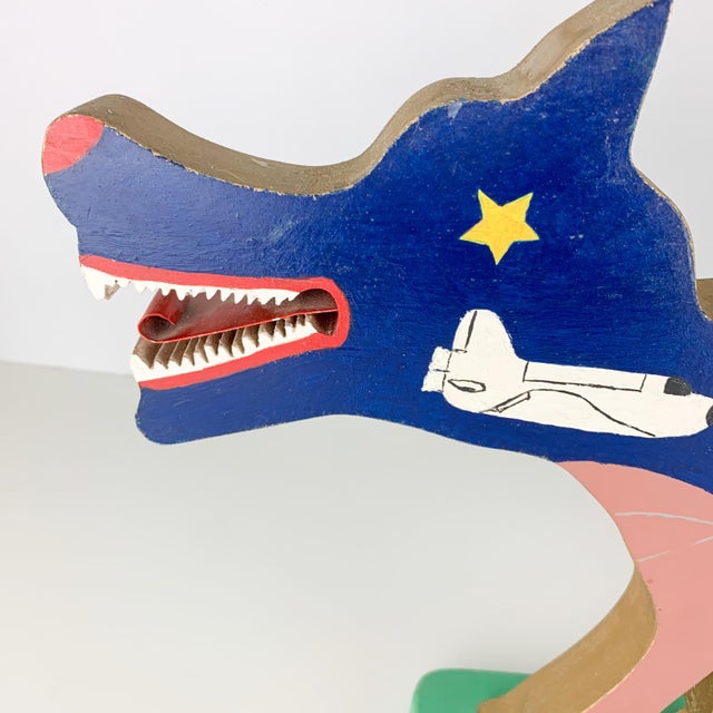 Wood Vintage Folk Art Carved Painted Wood Wolf Outter Space Native American Outsider For Sale - Image 7 of 11