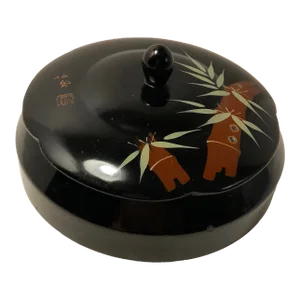 Mid-Century Japanese Black Wooden Lacquer Box With Mother Pearl Inlay