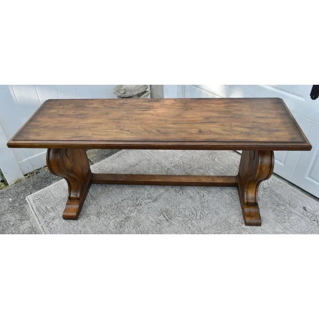 Ethan Allen Teak Table Vintage Wayfarer Console Wood Empire Trestle Sofa Entry For Sale - Image 9 of 12