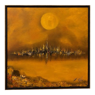 1960s Mid-Century Modern Abstract Cityscape Painting Signed R. Styles For Sale