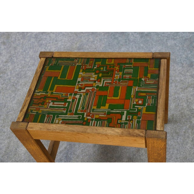 Vintage Oak Side Table with Fabric Decoration Top by Guillerme Et Chambron, 1960s For Sale - Image 6 of 8