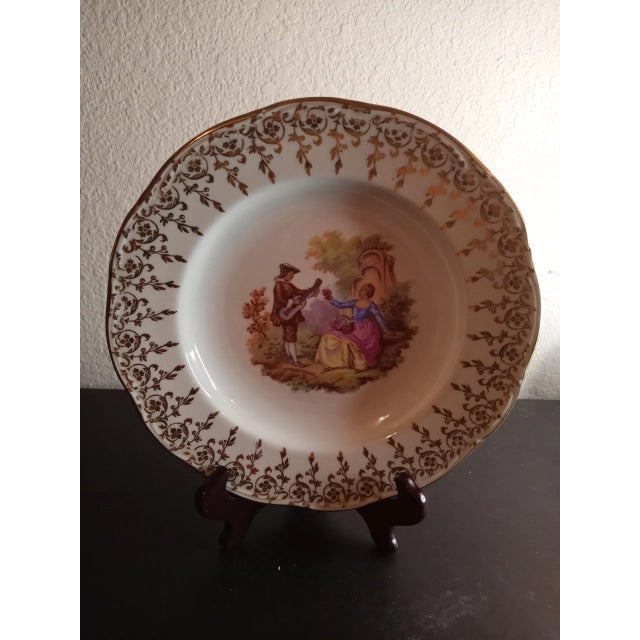 Vintage Porcelaine De France Courting Scene Gilded Decorative Plate For Sale - Image 4 of 7