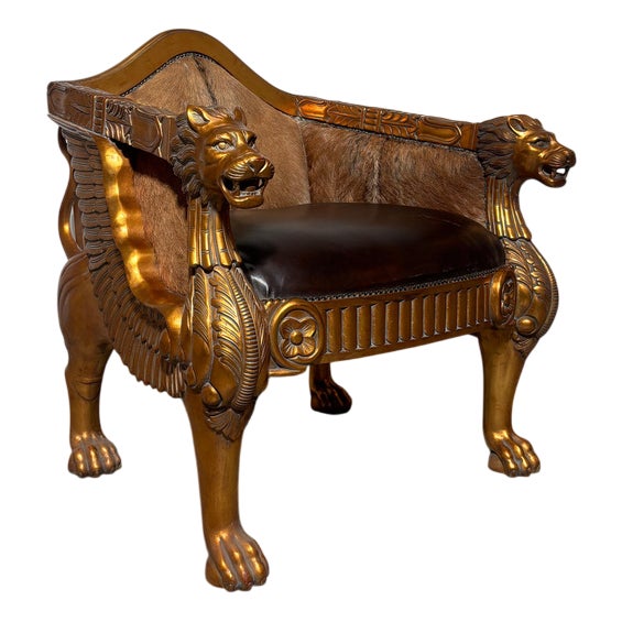 Regal Lion Throne Armchair in Cowhide and Gilded Detail For Sale