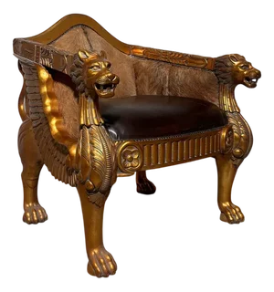 Regal Lion Throne Armchair in Cowhide and Gilded Detail