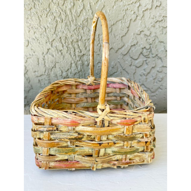 Vintage 1900s Natural Pink & White Wash Square Wicker Basket For Sale - Image 9 of 12