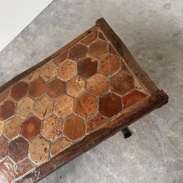 Vintage French Terracotta Tile Coffee Table with Oak and Iron Base, France For Sale - Image 9 of 12