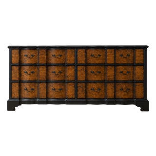 1980s Henredon Hollywood Regency Burl Wood & Ebonized 6-Drawer Triple Dresser For Sale