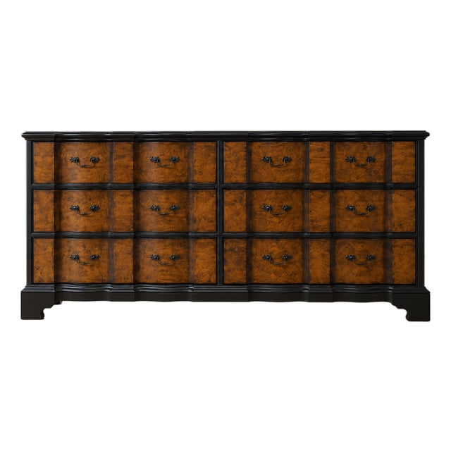 1980s Henredon Hollywood Regency Burl Wood & Ebonized 6-Drawer Triple Dresser For Sale