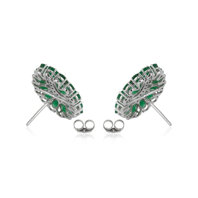 Metal Contemporary Emerald & Diamond Floral Stud Earrings in 14k White Gold- A Pair For Sale - Image 7 of 12