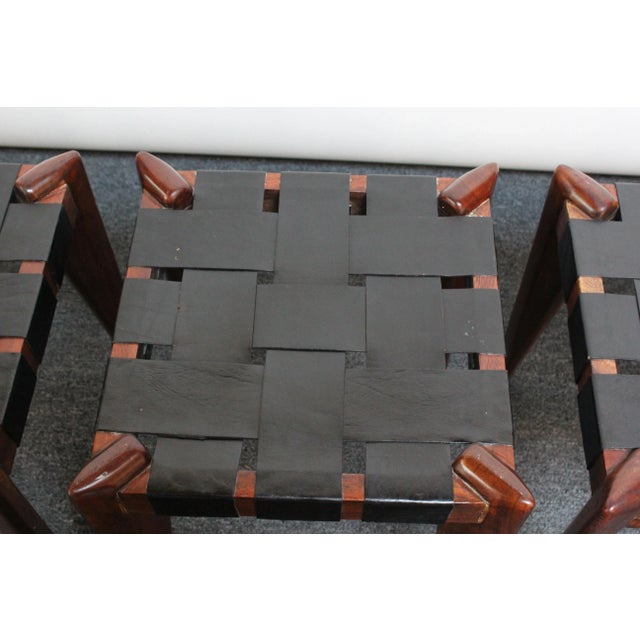 Black Set of Three Leather and Solid Stained Teak Stools by Edmond Spence For Sale - Image 8 of 13