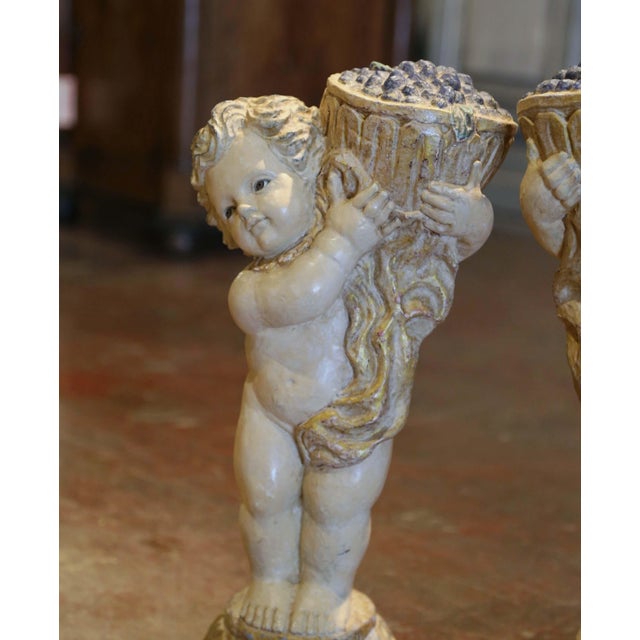Italian Pair 19th Century Italian Carved Polychrome and Painted Young Bacchus Statues For Sale - Image 3 of 10