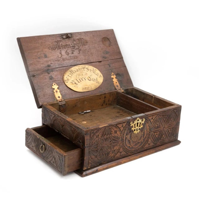 Brass A 17th Century Carved Oak Box With Side Drawer Dated 1655. For Sale - Image 8 of 13